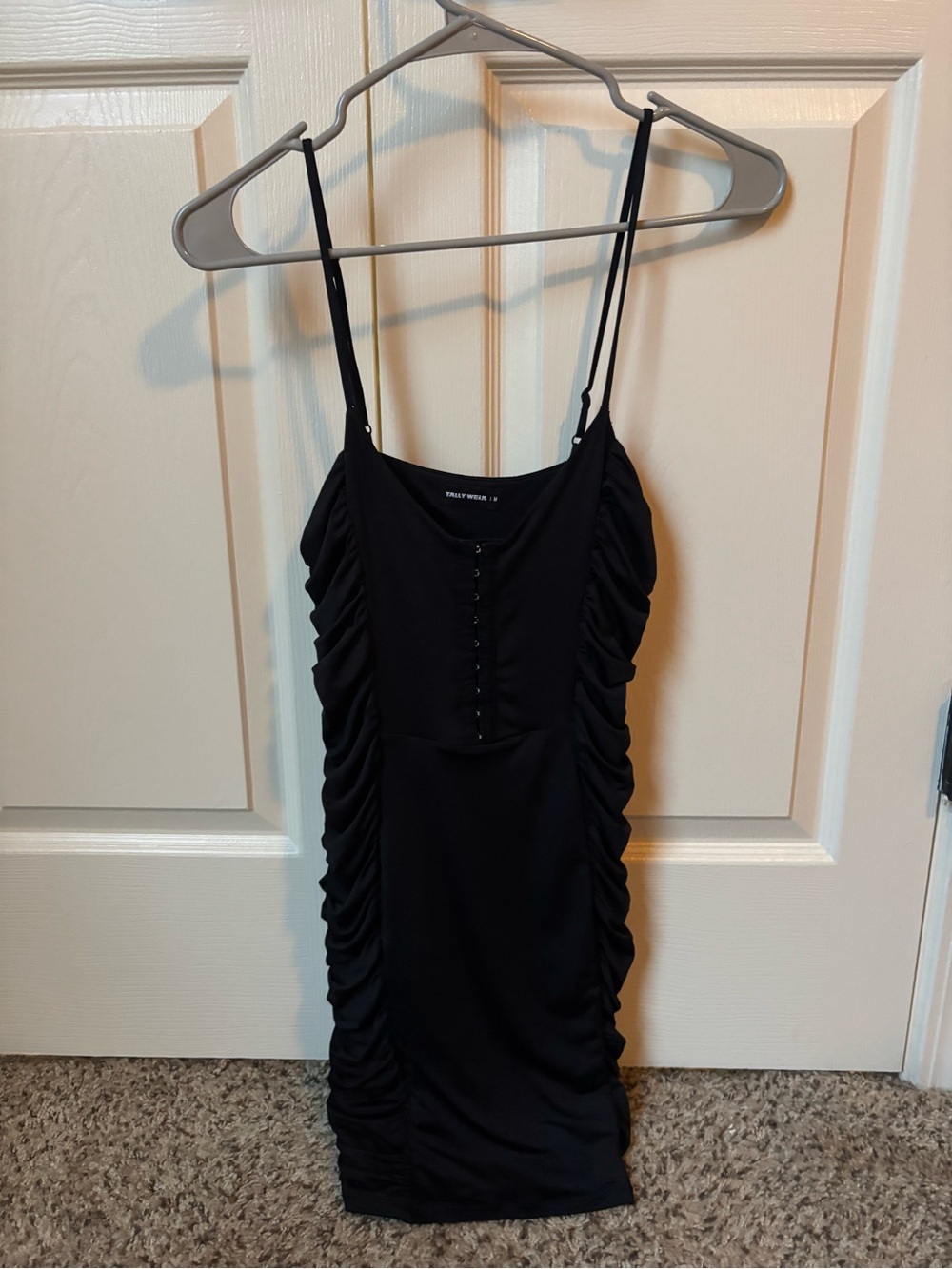 Black Ruched Mini Dress with Button Detail